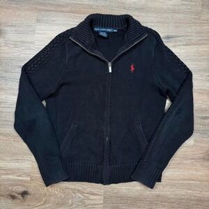 super cute vintage polo ralph lauren knit zip up sweater with cable knit sleeves